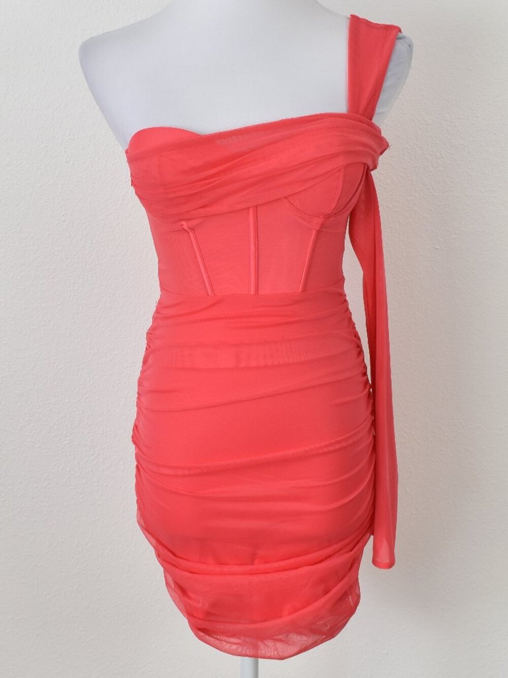 Oh Polly One For You Mesh Asymmetric Off Shoulder Mini Dress Pink - 2 - Picture 2 of 10